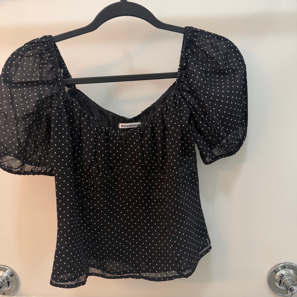 Reformation Sheer Black and White Polka Dot Blouse